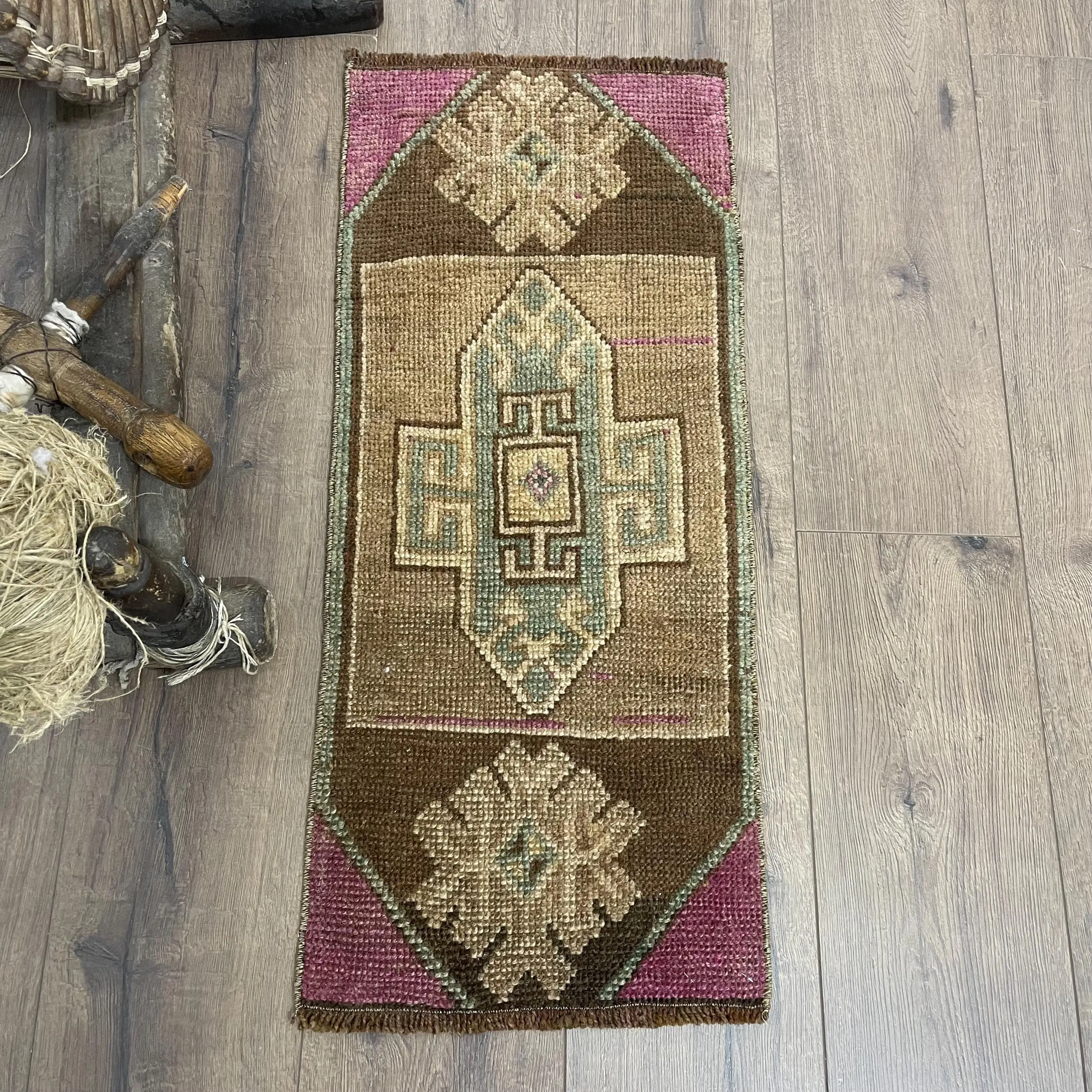 Vintage Small Rug 1.1x2.7 ft, Brown Ombré Turkish Wool Rug - 1