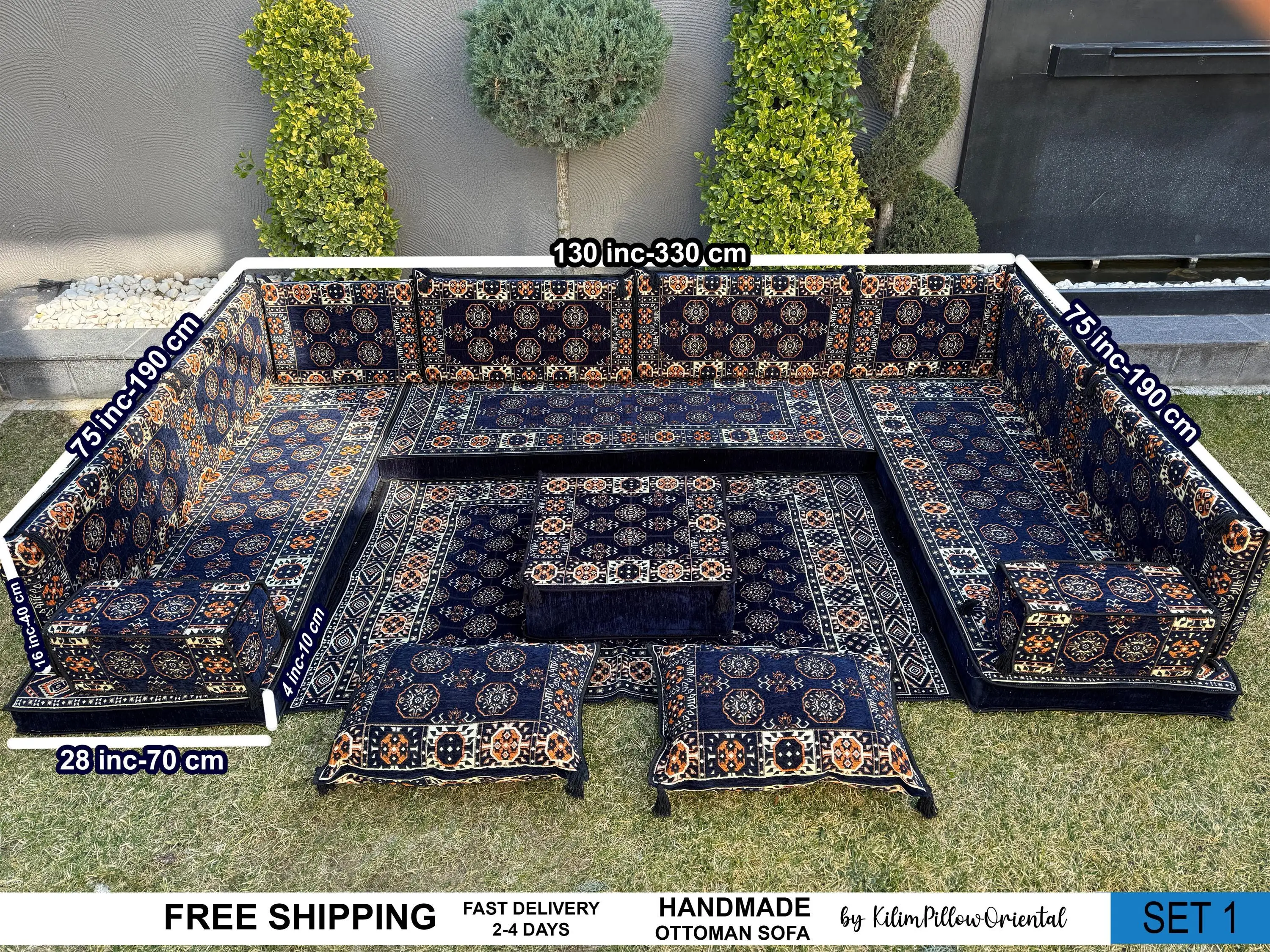 Böhmisches Ottoman-Sofaset in Blau und Schwarz, modularer Ottoman im Kilim-Stil - 1