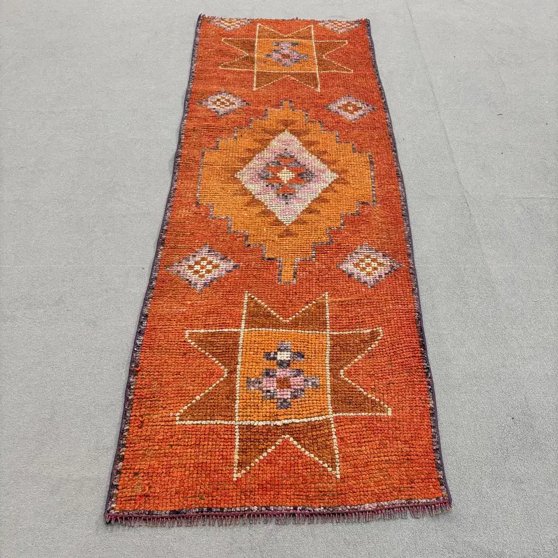 Turkish Vintage Runner Rug 2.8x7.7 ft, Orange White Solid Rug - 1