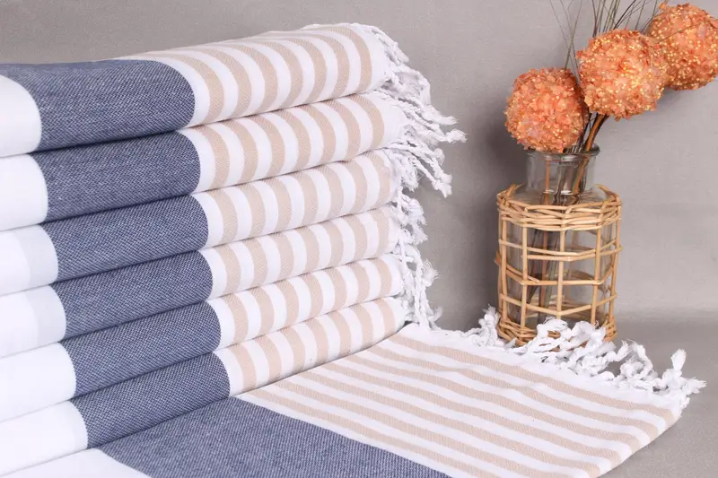 Personalized Navy Blue-Beige Striped Towel, Organic Cotton, 40x71 Inches