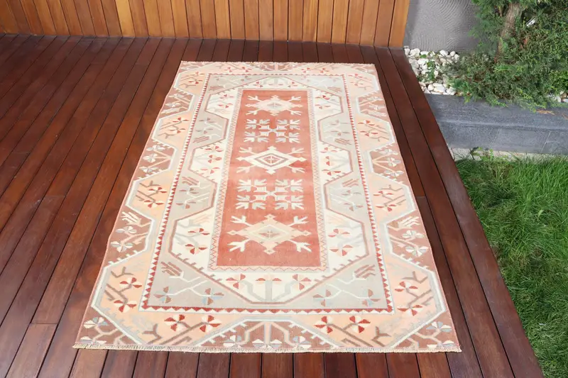 3.9x6.1 ft Vintage Rug, Turkish Accent Rug, Orange Gray Check Rug - 1