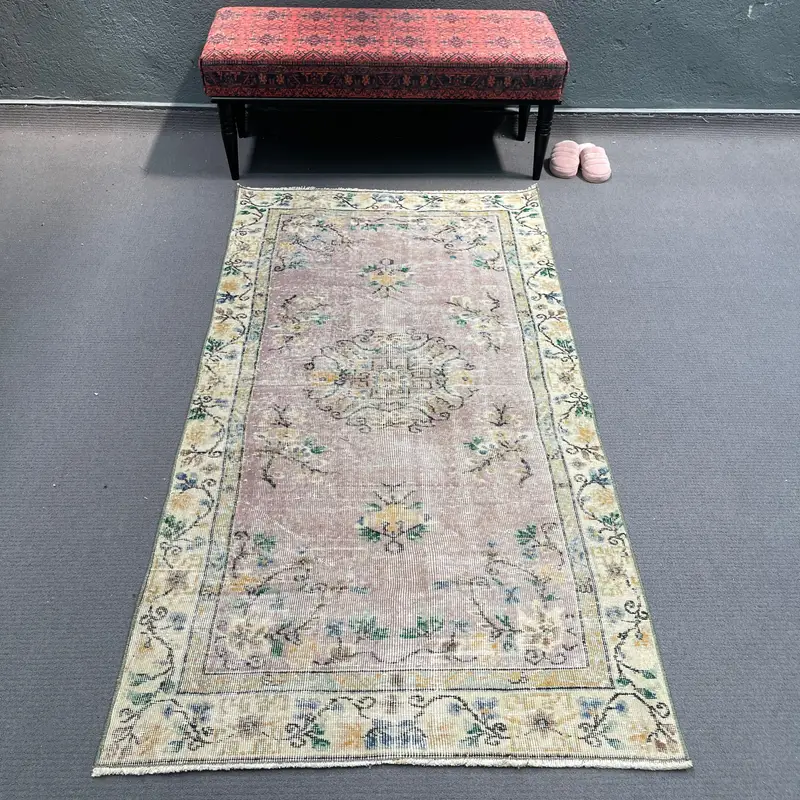 Oushak Turkish Rug, 3.4x6.7 ft Vintage Rug, Gray Ikat Wool Rug - 1