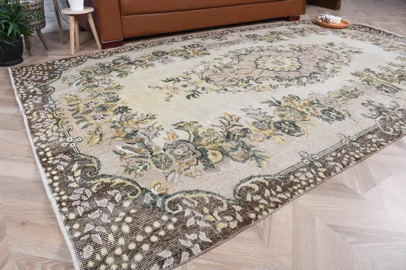 Vintage Large Rug 5.5x9.5 ft, Brown Yellow Ombré Rug Wool - 1