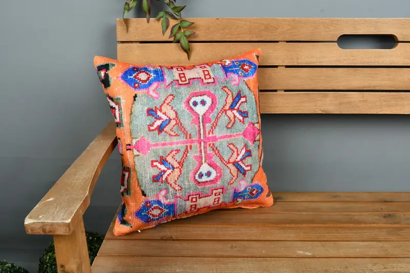 Handgefertigtes Southwestern Orange & Grün Kissen, Vintage Rechteckiges Wurfkissen