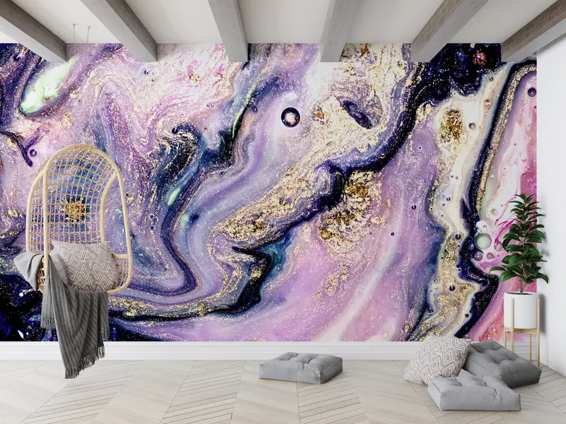 Zarif Baskılı Duvar Kağıdı: Mor Mermer Pırıltılı Altın Siyah