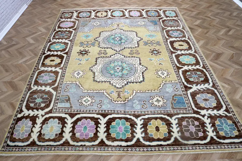 8.5x11.1 ft Rug, Turkish Oushak Rug, Vintage Brown Wool Bordered Rug - 1