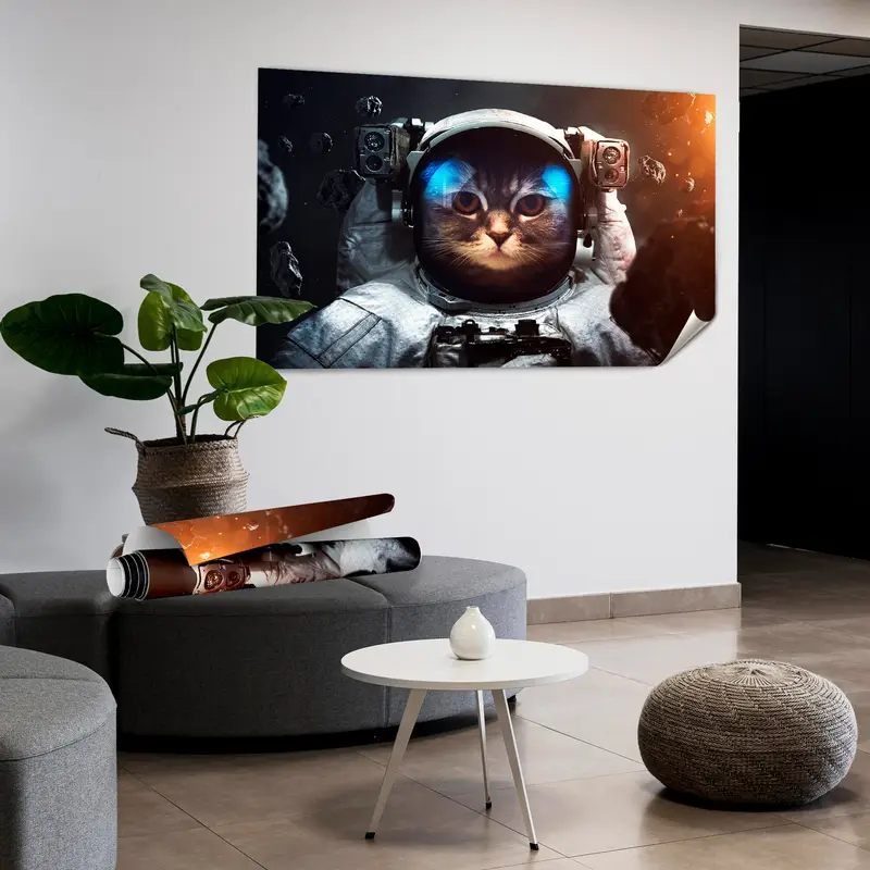 抽象宇宙飛行士猫キャンバス: モダンスペースアートプリント