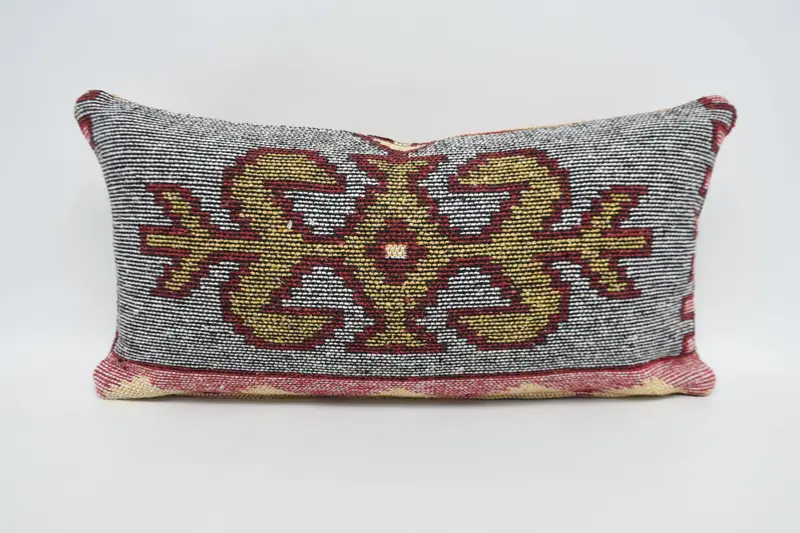 Turkish Geometric Wool Euro Sham, Antique 12x24 inch Yellow Cushion - 1