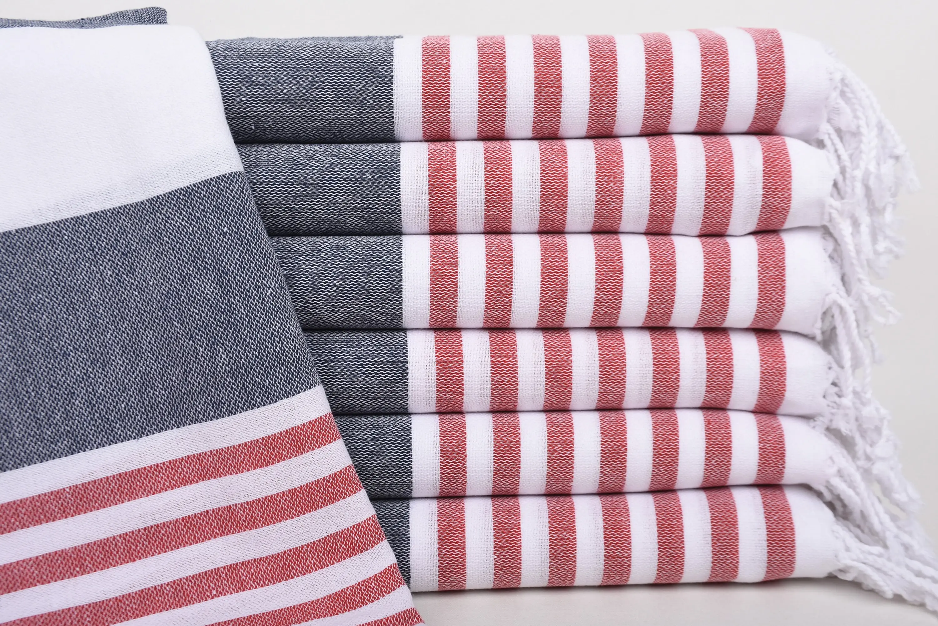 Beach Towel, Turkish Cotton, Red-Navy Blue Stripes, 40x71 Inches - 1