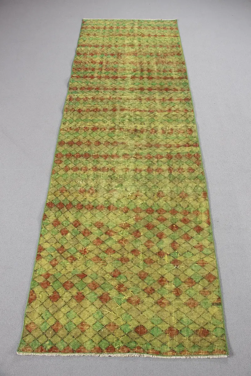 Yeşil Desenli Sarı Halı, 2,8x8,6 ft Soyut Tasarım