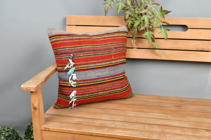 Vintage Kilim Pillow, Pillow for Sofa, Gift Pillow, Shabby Chic Pillow Case, Muted Pillow Sham, Pillow Sham, 18x18 Red Pillow Cover - 1