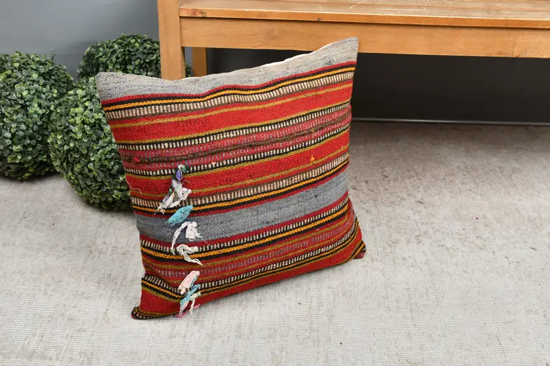 Vintage Kilim Pillow, Pillow for Sofa, Gift Pillow, Shabby Chic Pillow Case, Muted Pillow Sham, Pillow Sham, 18x18 Red Pillow Cover - 7