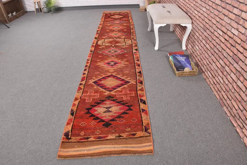 Turkish Vintage Herki Rug 2.4x13.4 ft (72x408 cm), Red Southwestern Wool Rug - 1