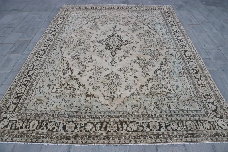 9.9x12.7 ft Turkish Oversize Rug, Brown Blue Vintage Patchwork Wool Rug - 1