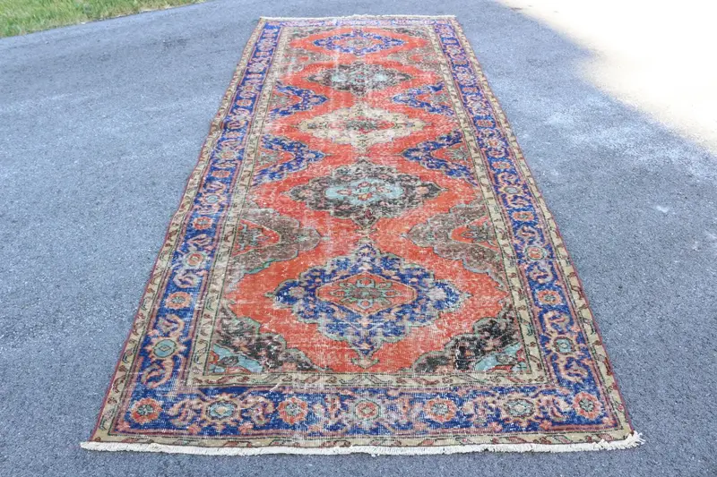 4.7x11.4 ft Oushak Vintage Rug, Red Floral Turkish Rug Wool - 1