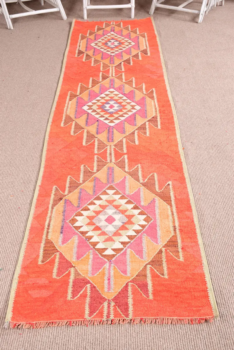 ヴィンテージキリムランナーラグ 80x327cm トルコオレンジ抽象ラグ - 1