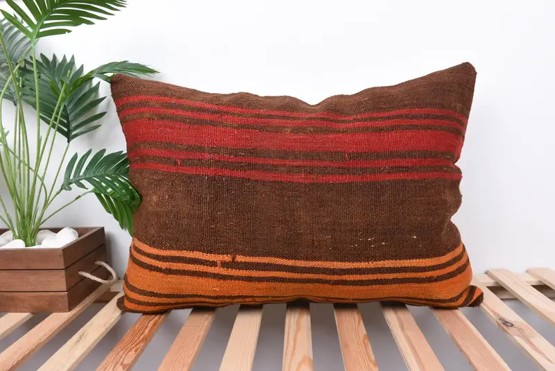 Cushion Cover, Turkish Bench Pillow Cover, 20x28 Brown Pillow Case, Antique Pillows, One Of A Kind Cushion, Throw Kilim Pillow, Turkish Pillow - 1