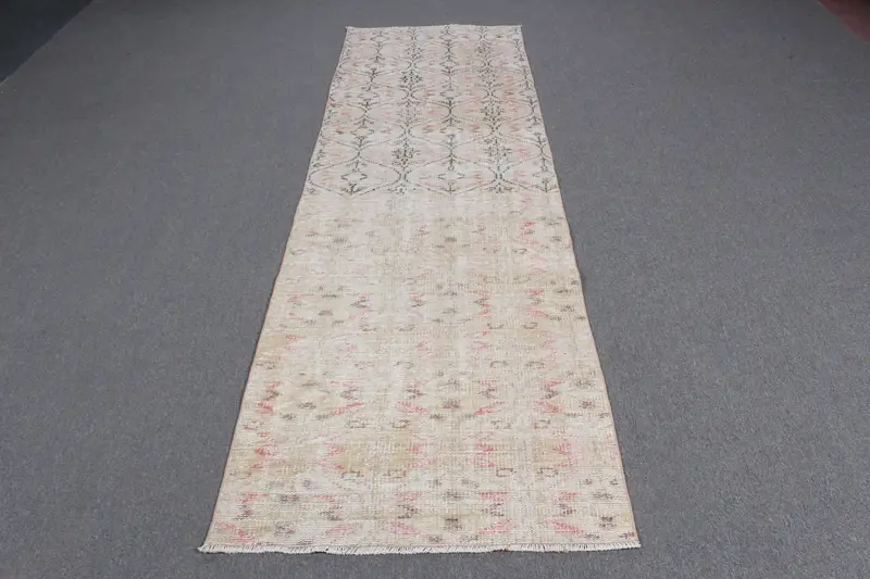 Turkish Vintage Rug, 2.8x9 ft Runner Rug, Brown Pink Bordered Wool Rug - 1