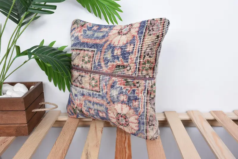 14x14 Blue Cushion Case, Vintage Kilim Pillow, Pillow Sham, Pastel Pillow Case, Turkish Kilim Pillow, Vintage Pillow, Wholesale Cushion Cover - 5