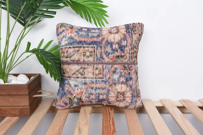 14x14 Blue Cushion Case, Vintage Kilim Pillow, Pillow Sham, Pastel Pillow Case, Turkish Kilim Pillow, Vintage Pillow, Wholesale Cushion Cover - 1