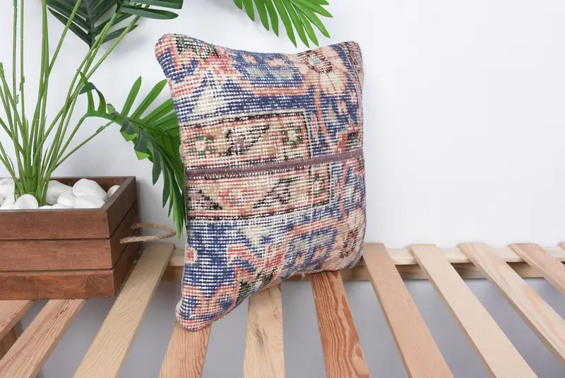 14x14 Blue Cushion Case, Vintage Kilim Pillow, Pillow Sham, Pastel Pillow Case, Turkish Kilim Pillow, Vintage Pillow, Wholesale Cushion Cover - 4