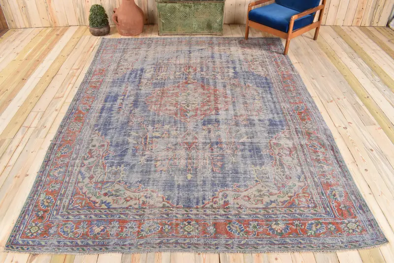 Mavi & Kırmızı Halı, 7,8x10,4 ft Botanik Tasarım