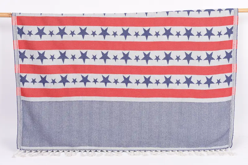 Personalized Beach Towel Navy Blue-Red Stripes, Organic Cotton, 67x36 Inches