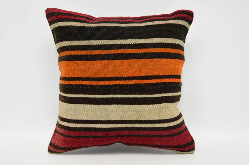Turkish Brown Cushion Case, Striped Antique Small Square 30x30 cm Euro Sham - 1