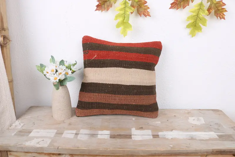 Vintage Pillow, Turkish Kilim Pillow, 12x12 Brown Pillow Sham, Handwoven Pillow Cover Cushion Cover, Handmade Kilim Cushion, Pillow - 1