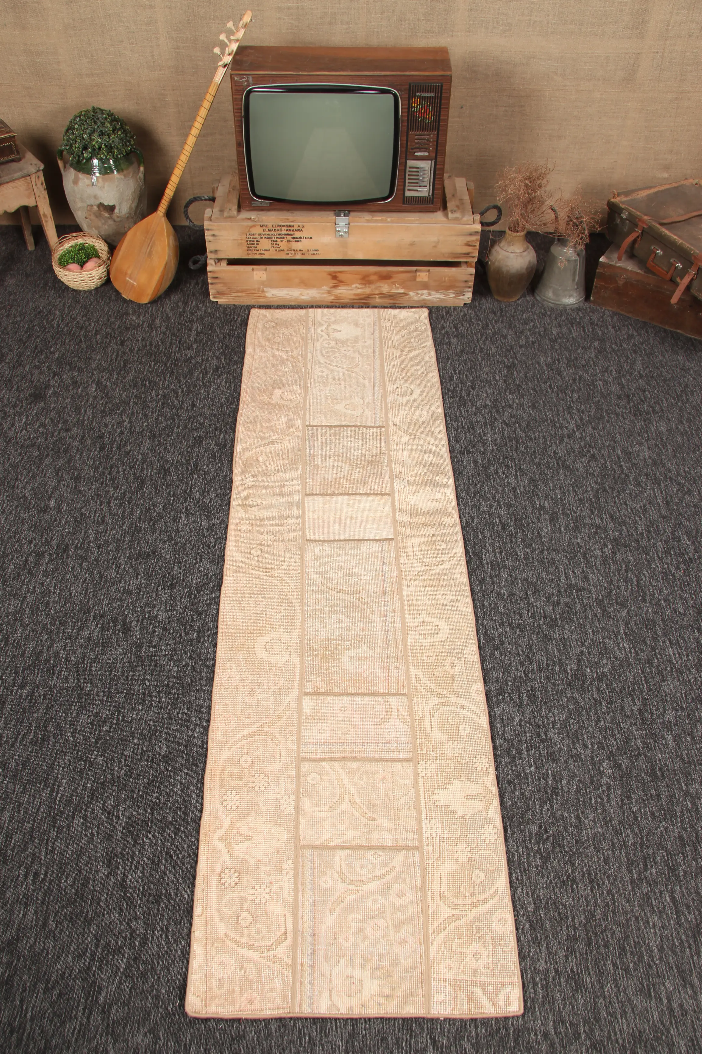 Turkish 2.2x8 ft Rug, Small Vintage Rug, Beige Green Floral Rug - 1