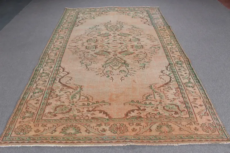 5.9x9.3 ft Vintage Halı, Türk Büyük Halı, Kahverengi Yeşil Çiçekli Yün Halı - 1