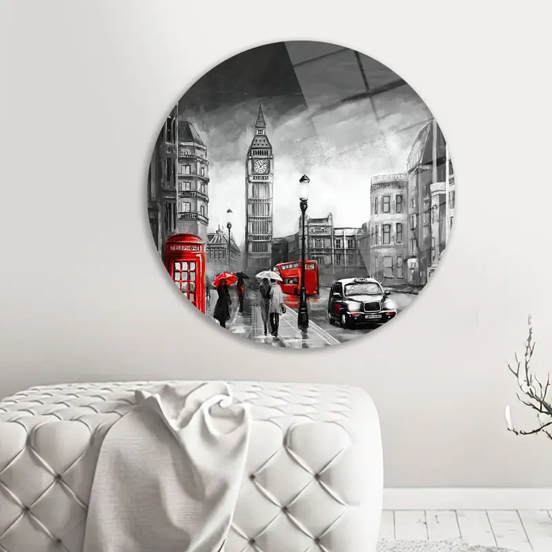 プリントガラス：赤い傘のエレガンスを備えたロンドンの街並み