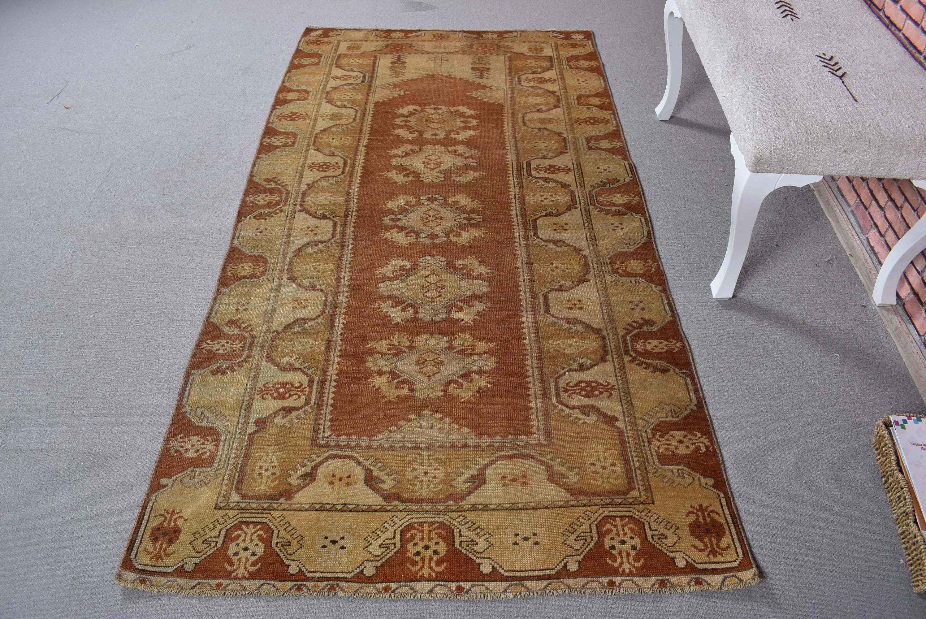 3.7x7.1 ft Rug, Turkish Vintage Rug, Brown Solid Rug - 1