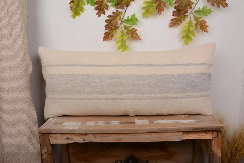 Beige & Gray Striped Pillow, Embroidered Vintage Throw Pillow