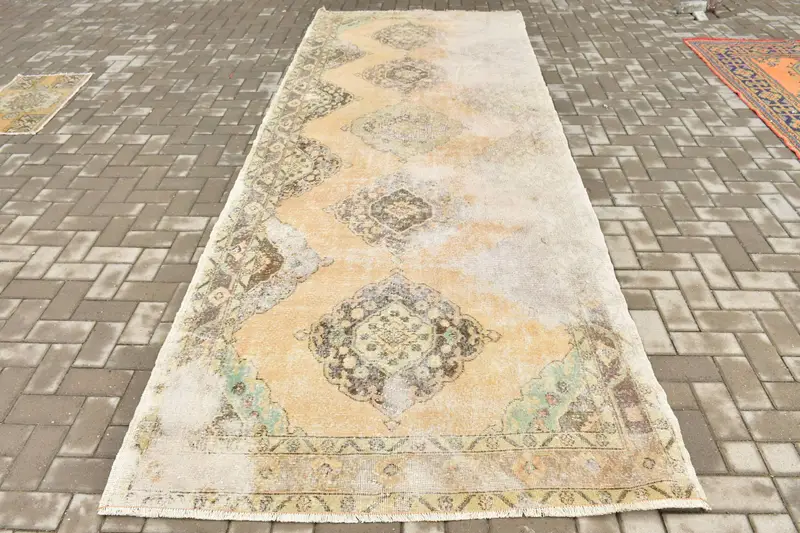 1.5x12.9 ft Rug, Vintage Turkish Rug, Brown Oushak Wool Rug - 1