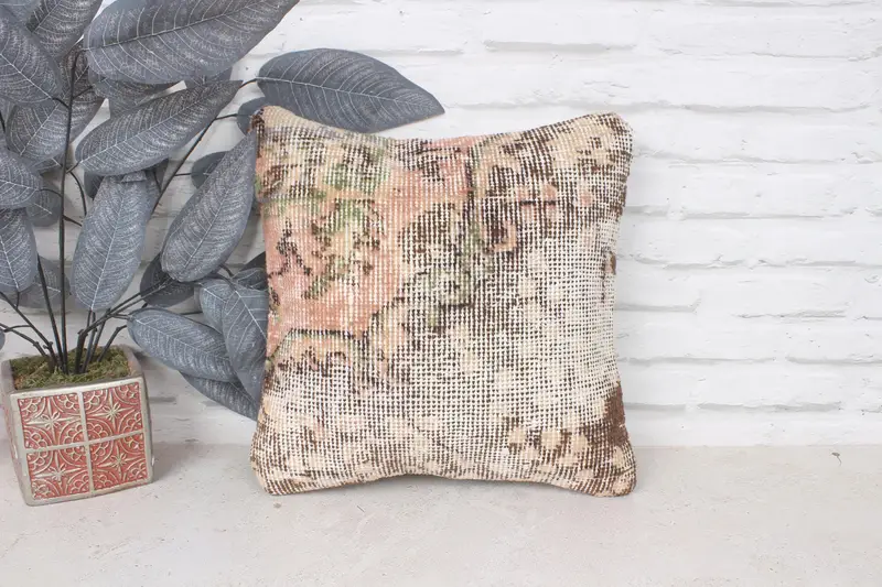 Morroccon Kilim Cushion Cushion Case, Vintage Kilim Throw Pillow, Throw Kilim Pillow, 14x14 Beige Cushion Cover, Pillow, Vintage Kilim Pillow - 1