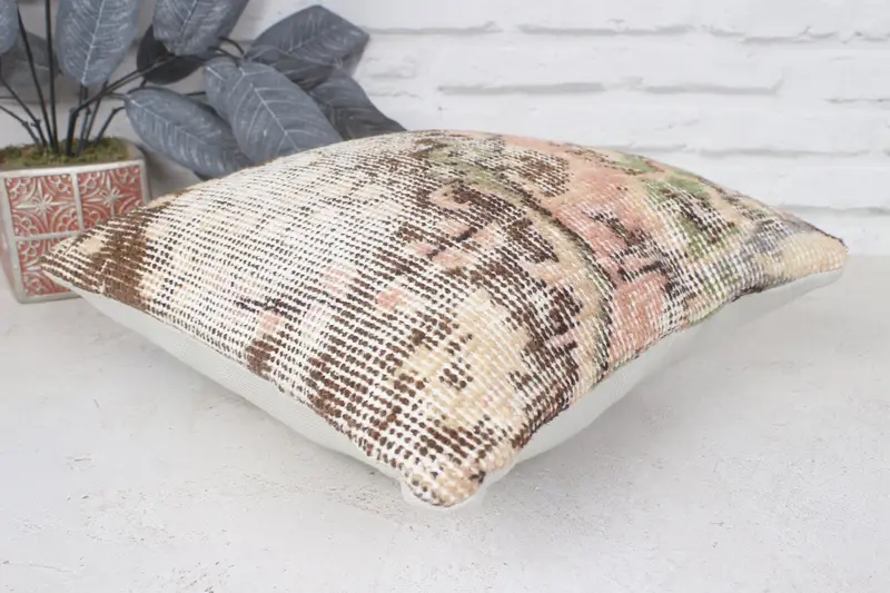 Morroccon Kilim Cushion Cushion Case, Vintage Kilim Throw Pillow, Throw Kilim Pillow, 14x14 Beige Cushion Cover, Pillow, Vintage Kilim Pillow - 6