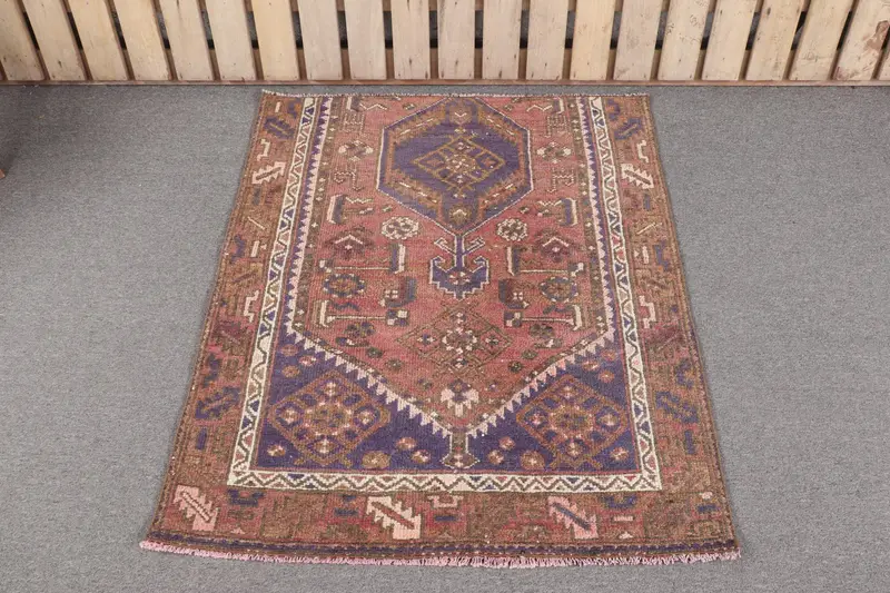 Handmade Pink & Blue Rug, 3.2x3.7 ft Geometric Floral