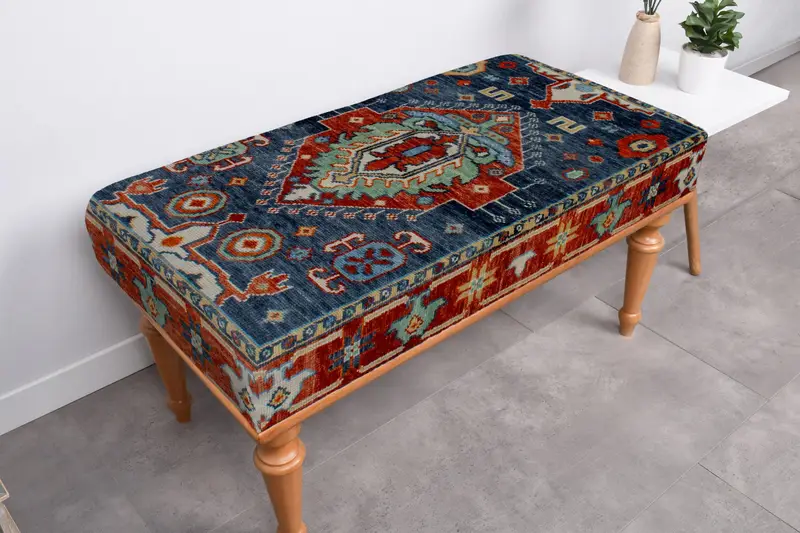 長方形キリム風プーフ、ブルー & レッド ウール プーフ