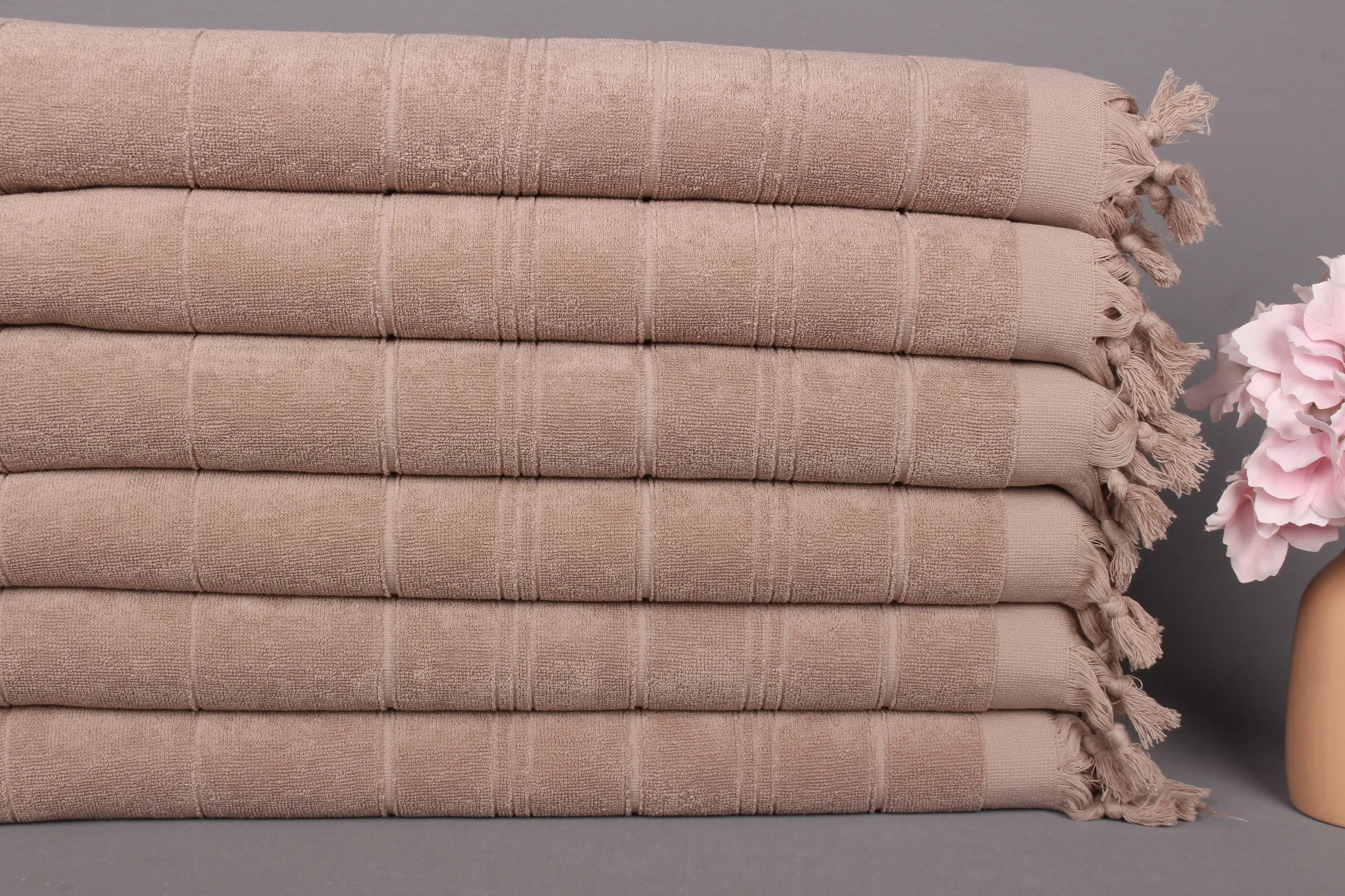 Turkish Towel Hand Towel Striped Terry, Brown Beige Cotton, 18x40 Inches - 1