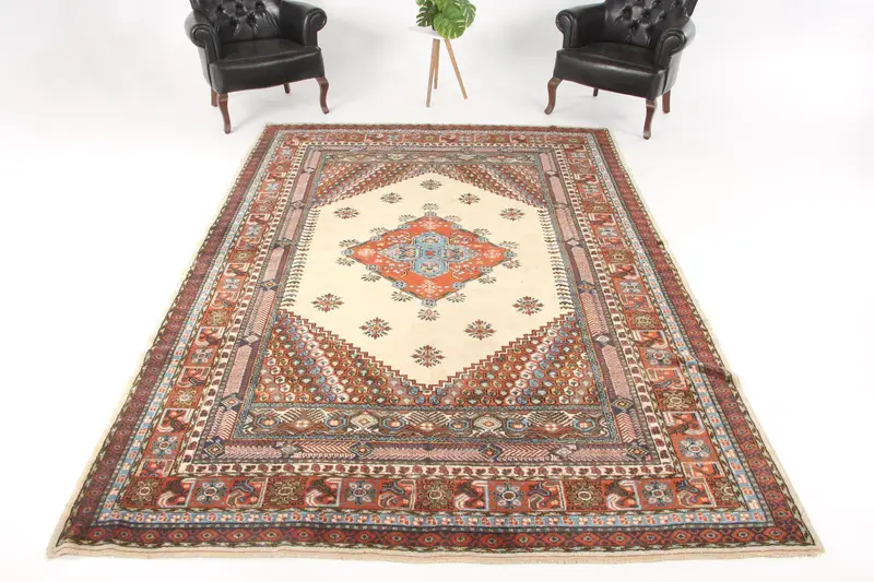 Türkischer Vintage-Teppich, 7,2x10,4 ft Oushak-Teppich, blau-roter Blumenteppich - 1