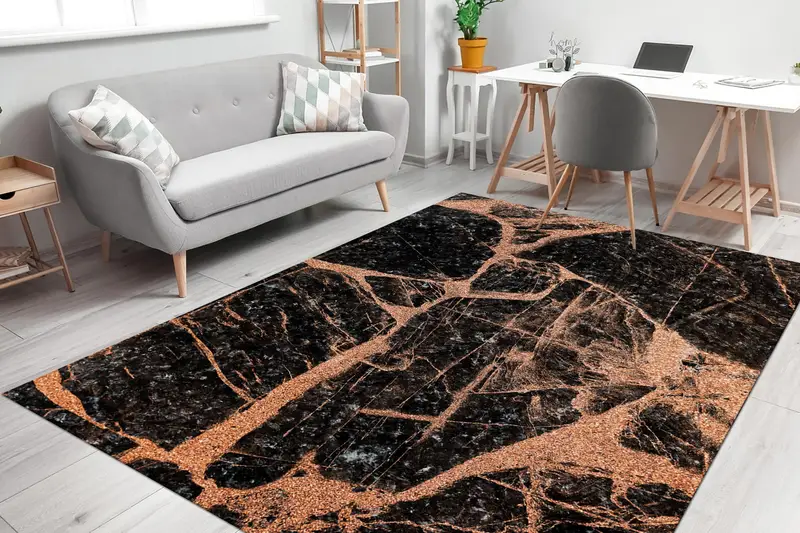 Alfombra contemporánea con estampado de mármol cobrizo - Elegante diseño negro brillante