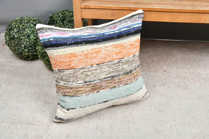 Kilim Pillow, Bolster Throw Pillow Cover, 20x20 Orange Cushion, Pillow for Sofa, Cushion, Ethnical Kilim Rug Pillow, Kilim Rug Pillow Sham - 7