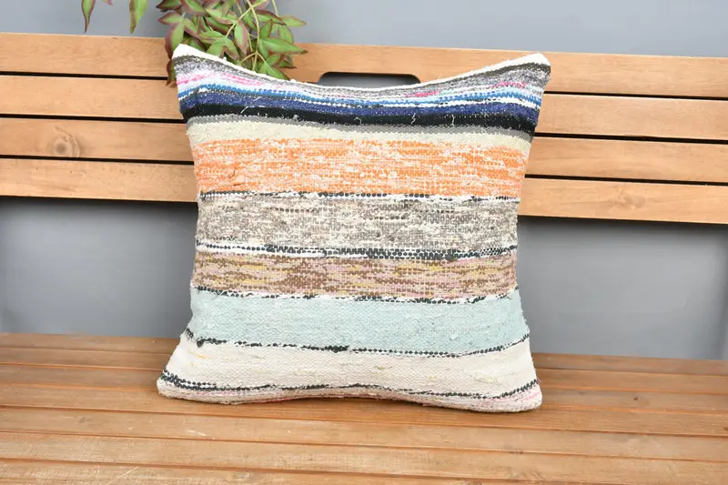 Kilim Pillow, Bolster Throw Pillow Cover, 20x20 Orange Cushion, Pillow for Sofa, Cushion, Ethnical Kilim Rug Pillow, Kilim Rug Pillow Sham - 6