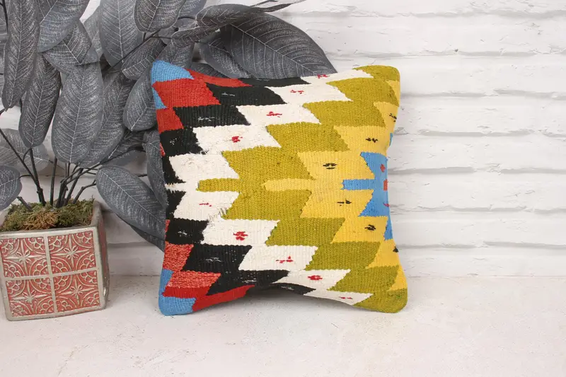 Vintage Kilim Pillow, Floor Pillow Sham, Throw Kilim Pillow, Cushion Case, Luxury Pillow Cover, Interior Designer Pillow, 12x12 Green Pillow Sham - 1