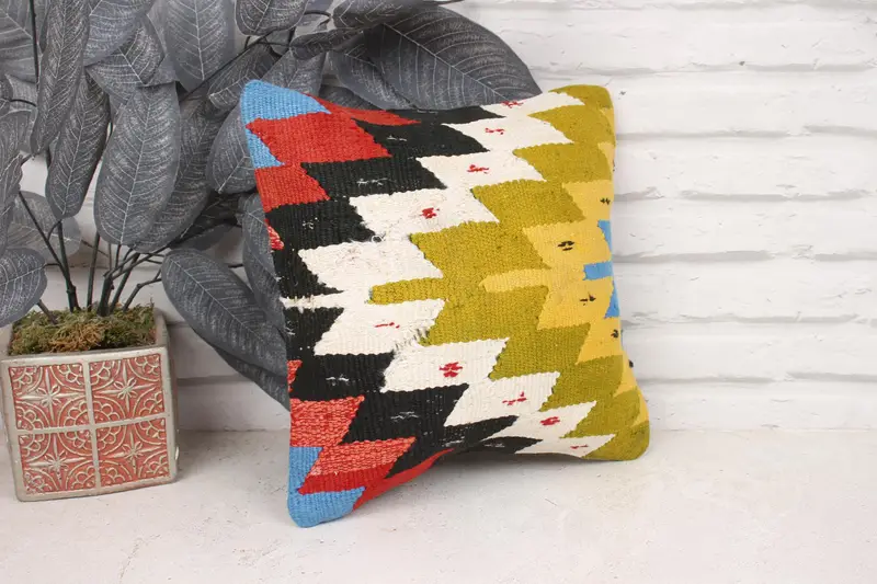 Vintage Kilim Pillow, Floor Pillow Sham, Throw Kilim Pillow, Cushion Case, Luxury Pillow Cover, Interior Designer Pillow, 12x12 Green Pillow Sham - 3