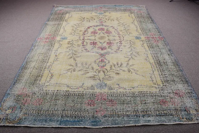 6.8x9.5 ft Large Vintage Rug, Blue Camouflage Turkish Rug - 1