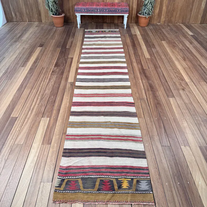 Vintage Rug, 2.6x13.1 ft Runner Turkish Rug, Oushak Red Brown Abstract Rug - 1