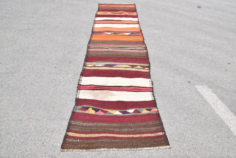 Alfombra Kilim turca de 2,6x12 pies, alfombra de lana vintage oriental marrón - 1