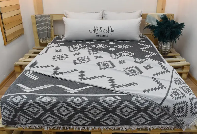Woven Throw Blanket, 84x56 Cotton Kilim Towel, Custom Wedding Gifts, Decorative Bedspread, Family Gift Basket, Personalized Blanket, Engagement Gift - 1